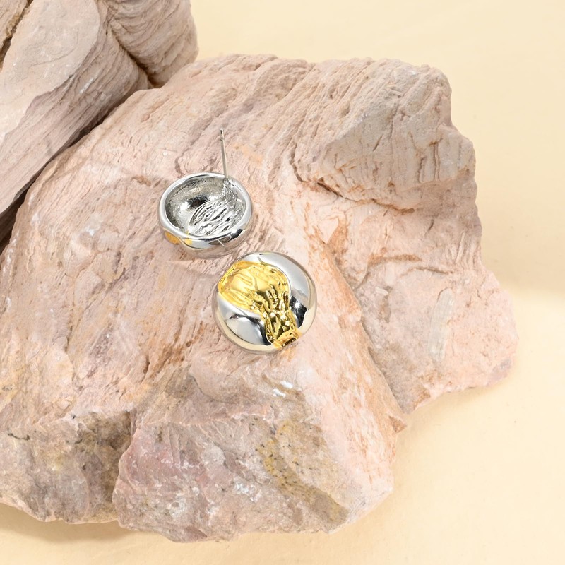 Two-Tone Statement Stud Earrings, Silver and Gold Circle Design, Modern