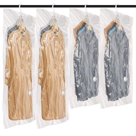 Flintronic Hanging Vacuum Storage Bags, 4pcs(2 Long 135x70CM & 2 Short 110x70CM) Vacuum Compression Zipper Storage Bags, Space Saver for Clothes, Suits, Dresses, Coats or Jackets