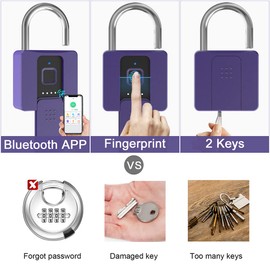 eLinkSmart Large Padlock with Key, Fingerprint/Phone App, Remote Authorisation, Heavy Padlock for Trucks, Gates, Office, Outdoor, Waterproof, Type-C 160 mAh, Purple