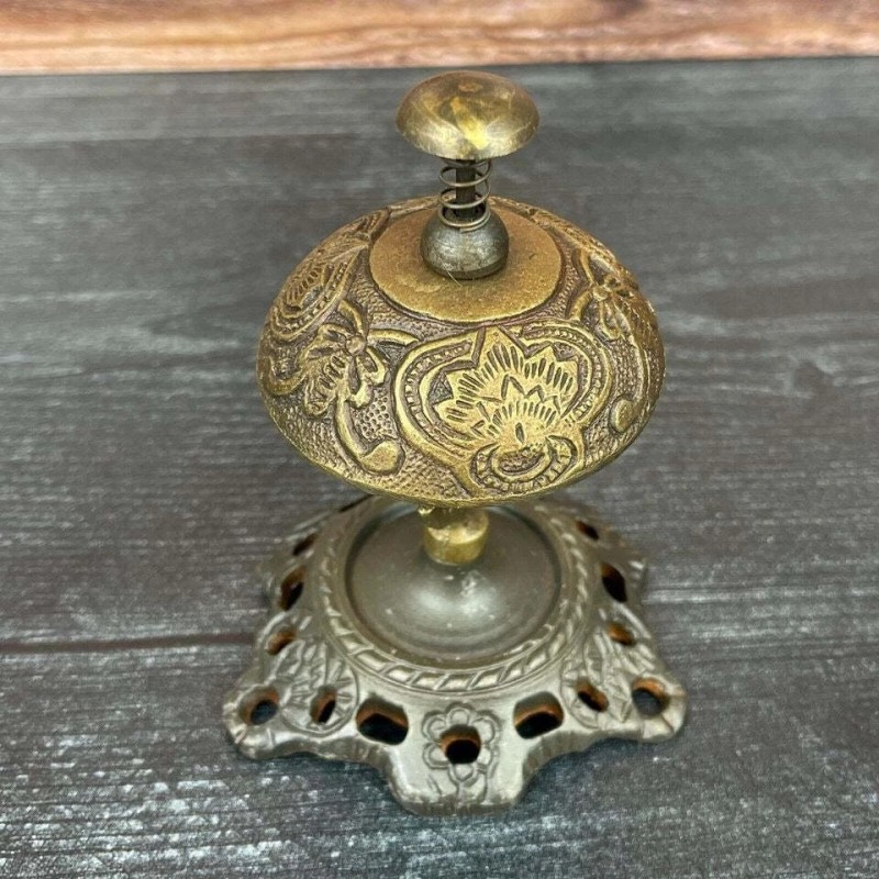 Hotel Desk Bell On Stand Solid Brass With Butterfly Engraving