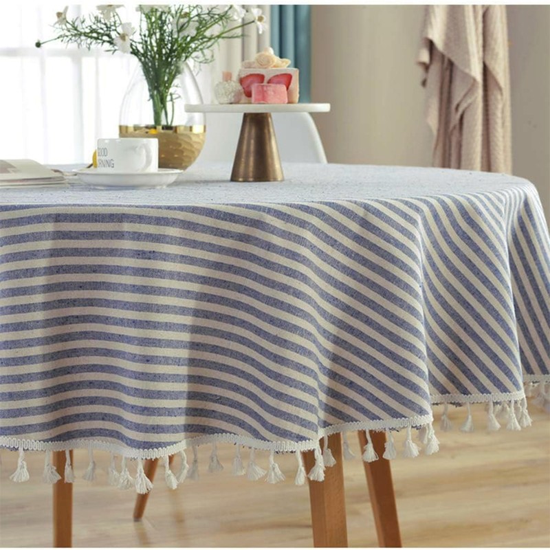 meioro Round Tablecloths Striped Fringe Tablecloth Cotton Linen Table Cover