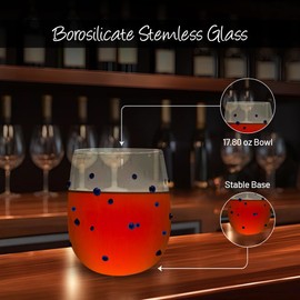 Gusto Buono 17.8oz Stemless Glasses, Set of 4 - Blue Amber Dots Design | Handcrafted, Heat-Resistant, Dishwasher & Microwave Safe | Stylish Glassware for Home, Parties & Gifts