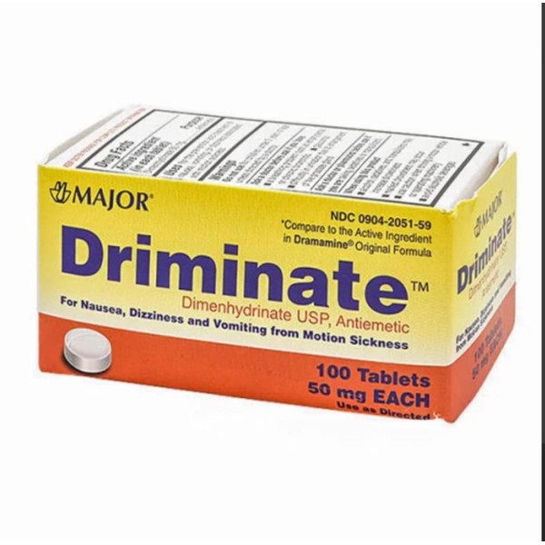Driminate Generic for Dramamine Motion Sickness 50 mg 100 ct (12 Pack)