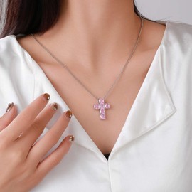 FFTByou Dainty Cross Necklace with Cubic Zircon for Women（Pink Zircon）, Exquisite, Cubic Zirconia Sterling Silver, Zircon