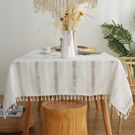 Pahajim Table Cloths Rectangle Cotton Linen Tablecloth Embroidered Tassel Decoration Dust-proof Washable Kitchen Table Cover for Dining Table(White, 55x102 inch)