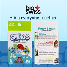 Vendas BioSwiss, vendas autoadhesivas con forma de Los Pitufos, cuidado de heridas estéril sin látex, suministros divertidos para botiquines de primeros auxilios para niños y adultos, caja de 100