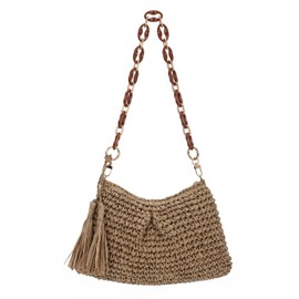 EVEOUT Women Raffia Shoulder Bag Summer Boho Straw Woven Underarm Bag with Acrylic Chain for Beach Holiday Everyday