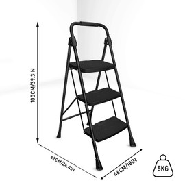 KOLLMAX 2 3 4 Step Ladder, Folding Step Stool with Wide Anti-Slip Pedal,Foldable Step Stool for Home Lightweight, Portable Steel Step Stool, for Household Garage Storage (Black, 3 Step)