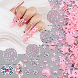 3D Nail Art Charms and Gems, 3-6mm Pink Flatback Pearls + Flower Bow with Gems and Rhinestones + Cute Heart Star Bow Nail Charms with Pickup Tools for Manicure DIY Crafts
