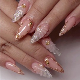 Almond Press on Nails Medium Fake Nails with Designs 3D Gold Lines Stick on Nail Bling Sequins Acrylic False Nail French Glossy Artificial Nail Full Cover Glue on Nails for Women