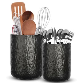 YKDGBRE Ceramic Utensil Holder for Kitchen Counter, 6.3”×4.7” Black Kitchen Utensil Holder for Countertop, 2 Pcs Cooking Utensil Crocks for Spatula, Spoon, Forks, Plant (Stripe Black)