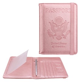 WALNEW Passport Holder for Travel, RFID Passport Cover Wallet for Women Men, PU Leather Passport Book Case with Pen Holder and Clear Photo Slot, Rosegold