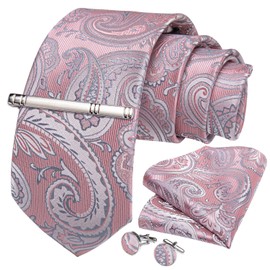 DiBanGu Pink Paisley Ties for Men Woven Silk Tie and Pocket Square Cufflinks Tie Clip Wedding Neckties Handkerchief