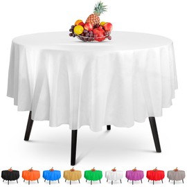 5 Pack Premium Round White Plastic Tablecloth - 84 x 84 in. Disposable Round Plastic Table Cloth - Decorative Round Table Cover Smooth Table Cover - Disposable Table Cloths For Parties, Weddings