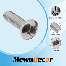 5/16-18 x 2" Pan Head Machine Screws, Full Thread, 304 Stainless Steel 18-8, Pack of 10