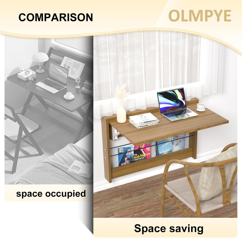 OLMPYE Wall Mounted Folding Table,Wooden Mounted Desk with Iron Bracket,Small