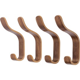 Plywood Wall Hooks Set of 4 Wood Coat Hooks Hanging Clothes Hats Robes Towels Walnut