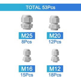 Pack of 53 Cable Glands M12 M16 M20 M25, IP68 Waterproof Cable Grommet, Cable Glands for Outdoor Garden Control Box Junction Box, Plastic Nylon Cable Grommet, White