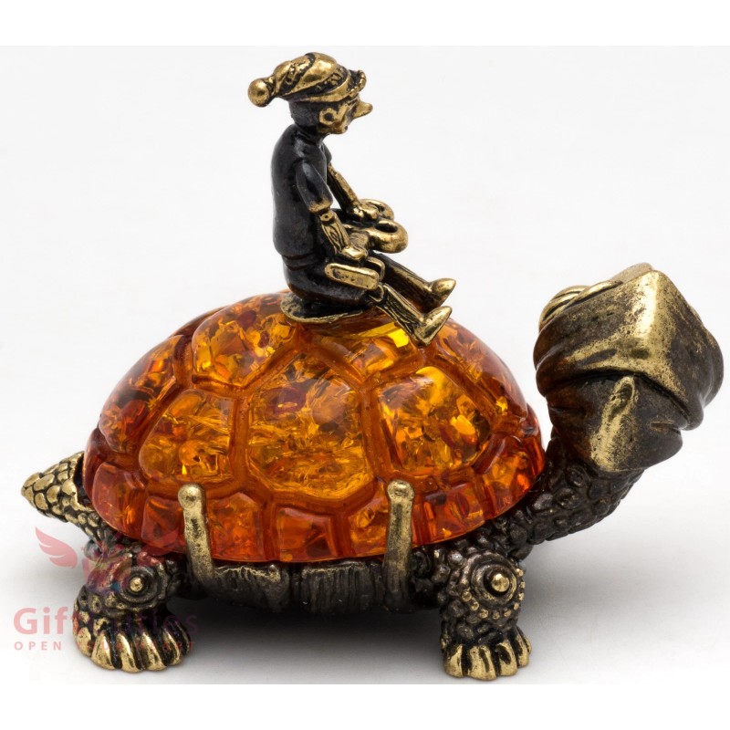 Brass Amber Figurine Turtle Tortilly & Buratino Pinocchio & golden