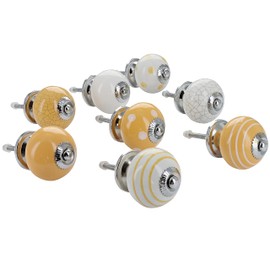 G Decor Yellow and White Handmade Assorted Designs Ceramic Door Knobs, Vintage, Shabby Chic, Interior Furniture, Cabinet Cupboard Drawers Pulls Handles (8-Pack)
