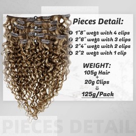 Hetto Curly Clip in Hair Extensions Wavy Human Hair Brown Mix Blonde Curly Hair Extensions Clip in Human Hair 16 Inch Water Wave Clip on Real Hair Pieces 7Pcs 105+20g