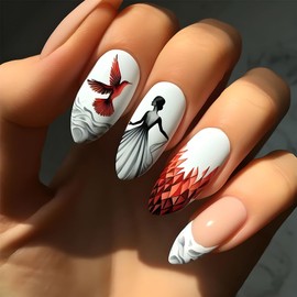 24 PCS Press on Nails Elegant Dancer Fake Nails Seagull Fake Nails Medium Fake Nails Gifts for Women and Girls (No.100)