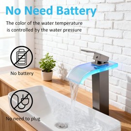 Qeemee LED Bathroom Faucet, Black Waterfall Tall Vessel Bathroom Sink Faucet 1 Hole Single Handle Brass with Water Supply Hoses
