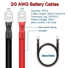 Amfuujoy 2PCS 2/0 AWG 00 Gauge 12 Inch Battery Cables with 3/8″ Lug Terminals, Flexible Heavy Duty Pure Copper Inverter Power Wires for Automotive Marine RV Truck Solar Golf Cart