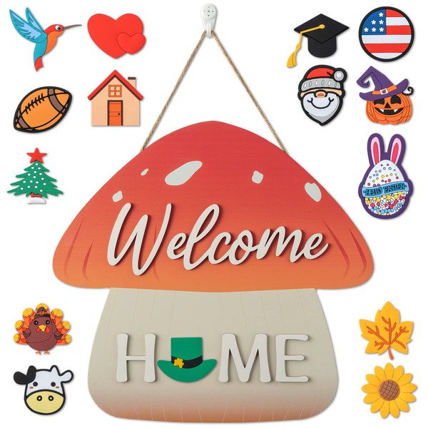 Mushroom Interchangeable Seasonal Welcome Sign Front Door Decoration, Wreaths Wall Hanging Outdoor, Farmhouse Cottagecore Porch Decor, House Warming Gifts for New Home, All Seasons Holiday Gifts