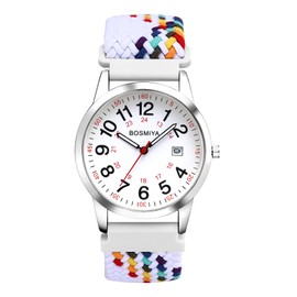 JewelryWe Boho Watch with Braided Elastic Fabric Strap Women's Men's Calendar Analogue Quartz Wrist Watch Coloured Woven Stretch Bracelet Seniors Watch with 12/24 Hours Large Numbers Dial, Type 1