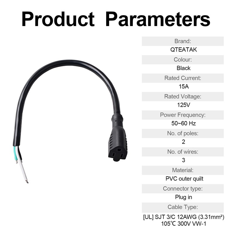 QTEATAK 50cm Female Connector Extension Cord - 125V 15A 2-Pole
