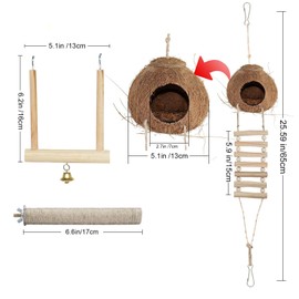 RICHDMI Parrot Toys 7 Pcs Bird Cage for Small and Medium Coconut Natural with Ladder Hammock Swing Wooden Hanging Bell for Bird Budgie Macaw