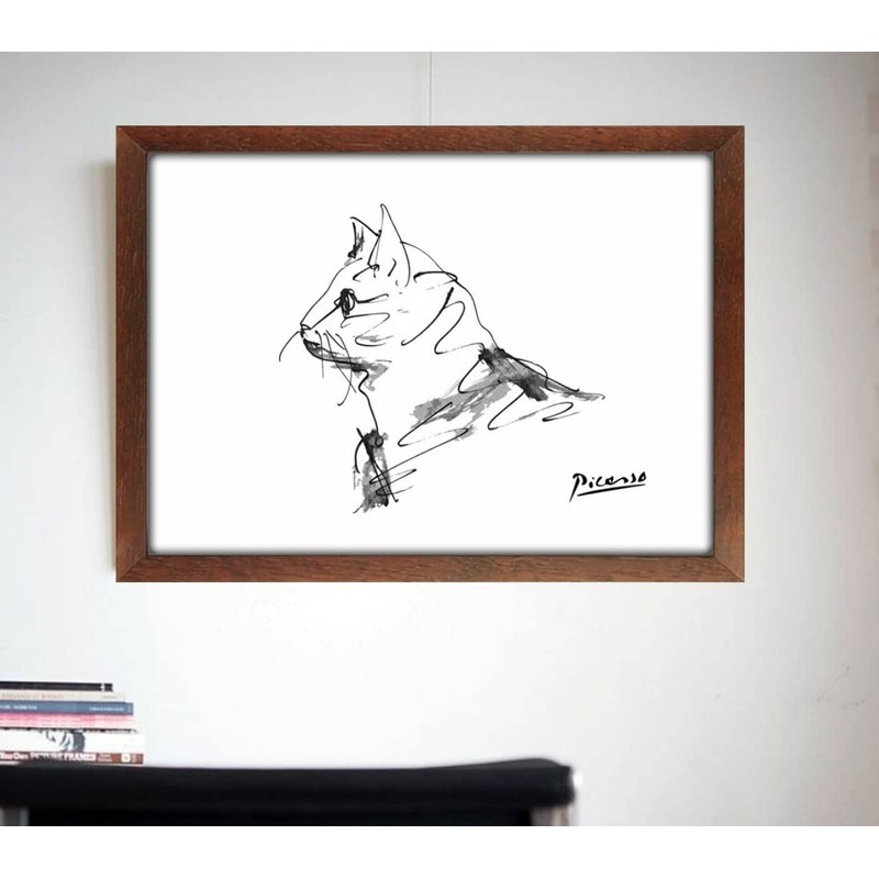 Picasso Cat Drawing Framed Poster aoipro (Wood Grain Frame)