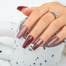 Sethexy Long Ballerina False Nails Red Shiny Press On Nails Glitter False Nails for Women and Girls 24 Pieces (7)