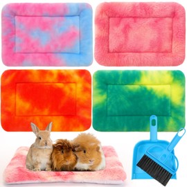 Tudomro 4 Pcs Guinea Pig Bed Mats with Cleaning Dustpan Brush 15"x11" Bunny Fleece Bedding Pads Tie Dyed Small Animal Sleeping Accessories for Rabbit Hamster Squirrel Hedgehog Chinchilla Ferret