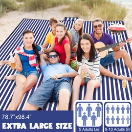 Hillsuren 80" x 100" Extra Large Picnic Blankets Beach Mat Sandproof Waterproof Foldable Oxford Bluestrip Blanket Beach Mat Fall Picnic Stuff for Family Camping Hiking Party Park Travel Grass