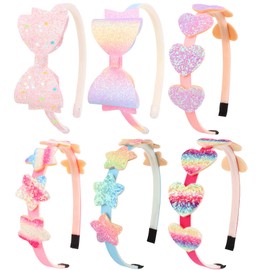 DRESHOW Pack of 6 Girls Bow Hair Bands Glitter Children's Headband Heart Star Hair Band for Toddlers Teens, 6 Pack: Mix Set-02