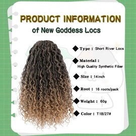 8 Packs New Goddess Locs Crochet Hair 14 Inch River Locs Crochet Braids Ombre Curly Faux Locs with Curly End Boho Hippie Locs Style Hair Extensions (#T1B/27 8packs 14inch)