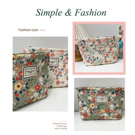 Flower Fabric Makeup Bag for Purse, Vintage Corduroy Cosmetic Pouch Bag, Portable Travel Handbag for Women Girls (Beige flowers)