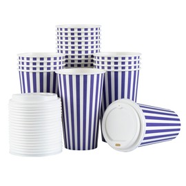 Restaurantware 16 Ounce Disposable Coffee Cups With Lids, 400 Hot Cups With Lids - Sleeves Sold Separately, Single Wall, Purple And White Stripe Paper Coffee Cups, For All Kinds Of Beverages