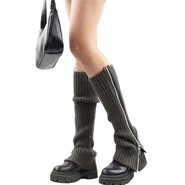 Miolasay Women Faux Fur Fuzzy Leg Warmers Cable Knit Thigh High Boot Socks Stockings Warm Fuzzy Rainbow Boot Sleeves Boot Covers (A-Grey Zipper, One Size)