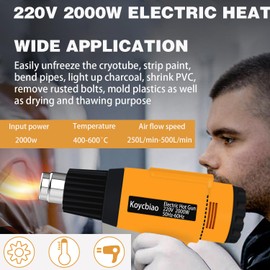 Heat Gun, 2-Speed Temperature Settings 400°C and 600°C Power Tool, 2000W Electric Fast Heating Heavy Duty Hot Air Gun Kit with 4 Nozzles for Crafts, Shrinking PVC, Stripping Paint and More (Yellow)