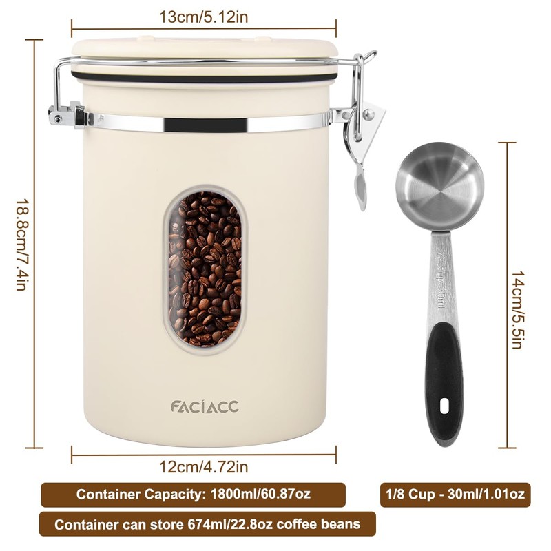 FACIACC Airtight Coffee Canister, 1800ML Stainless Steel Coffee Container with