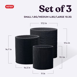 Keter Cylinder Set of 3 Rattan Resin Planter for Indoor and Outdoor Plants Ideal Decorative Planter for Porches and Patio Decor, Black
