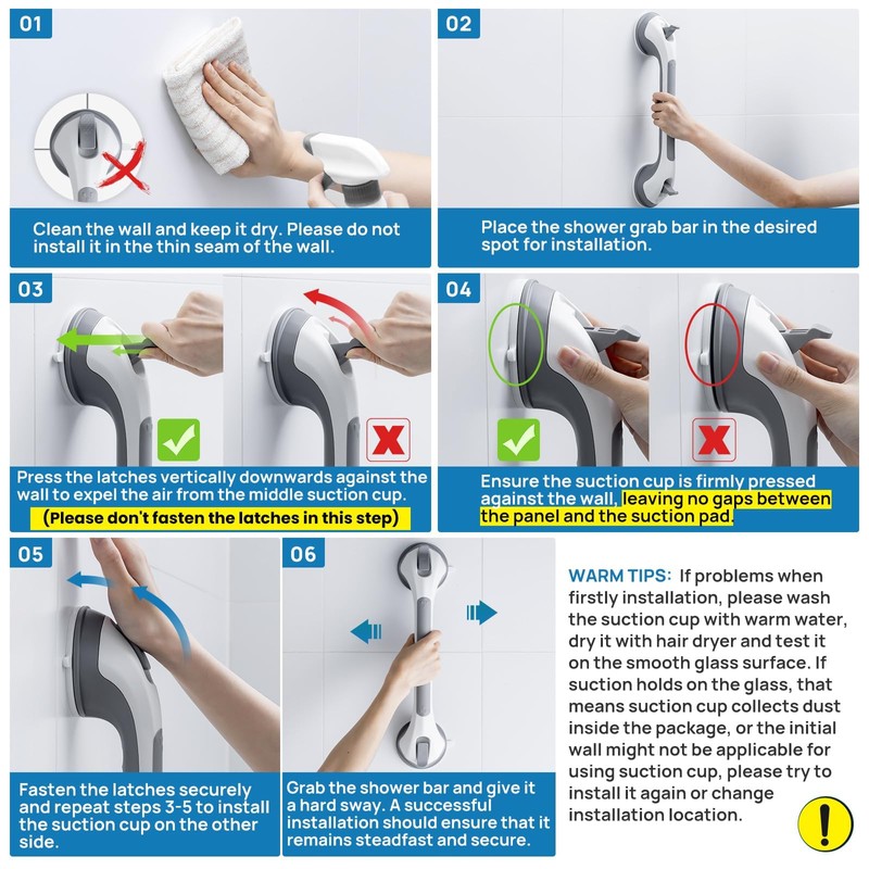 Grab Bars for Shower,Suction Shower Handles,2 Pack,16.8",Grey | Stable Safety