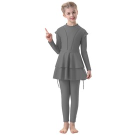 FYMNSI Burkini Swimsuits for Girls Kids Muslim Swimsuit Islamic Hijab Cap Swim Dress Top Pants Modest Full Coverage Swimwear Toddler Long Sleeve Rashguard Beachwear Swimming Bathing Suits Grey 9-10T