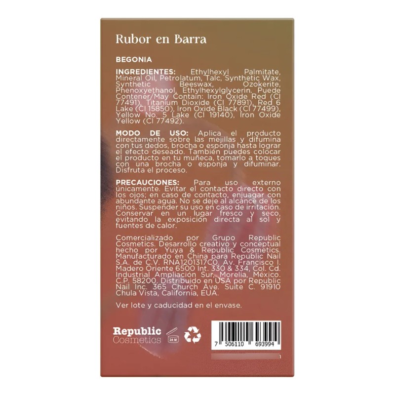 Yuya Rubor En Barra Begonia Para Rostro 8g Naranja Tostado