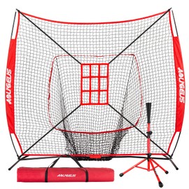 AOLIGEIJS 7'X7' Baseball Softball Practice Net,Pitching Net,Batting Net,with Baseball Tee,Bonus Strike Zone and Bow Frame,for Hitting,Pitching, Catching (Red Net + Red Tee)