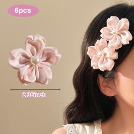 6pcs Pearl Flower Hair Clips Fabric Ribbon Floral Hairpins Pink Flower Barrettes Hair Accessories For Women
