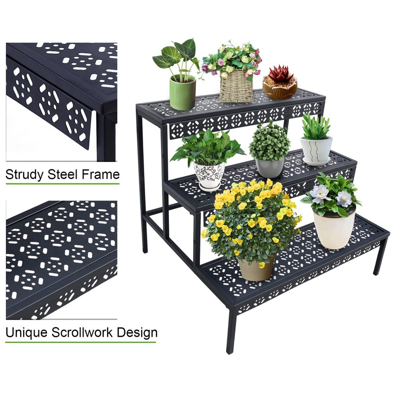 aboxoo 3 Tier Stair Style Large Metal Plant Stand, Garden